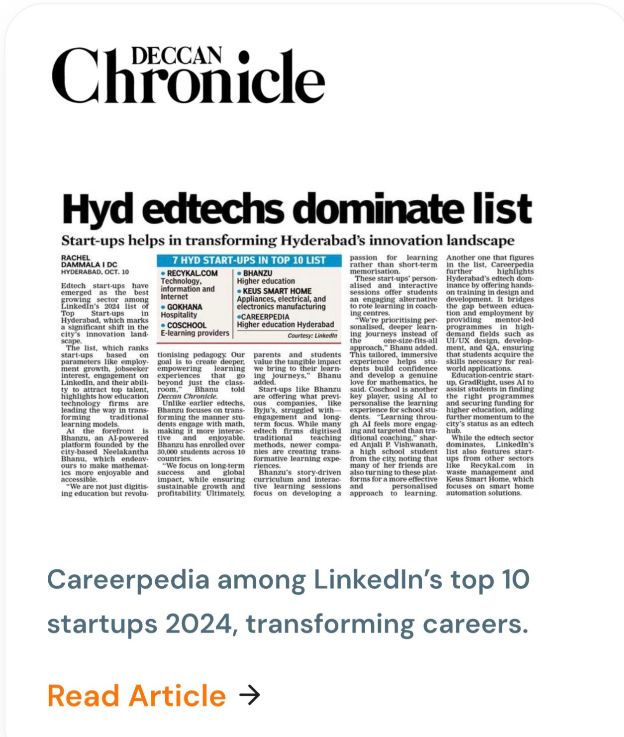 Deccan Chronicle feature: Careerpedia among LinkedIn's top 10 startups 2024
